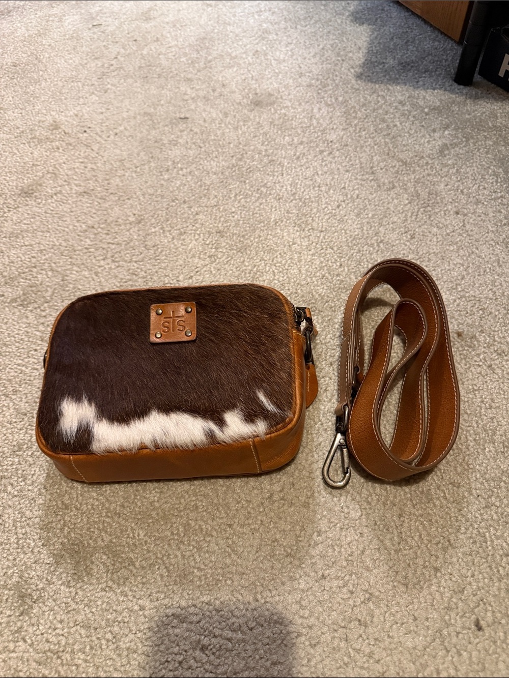 STS Ranchwear Brown and White Cowhide Crossbody with Tan Leather Trim